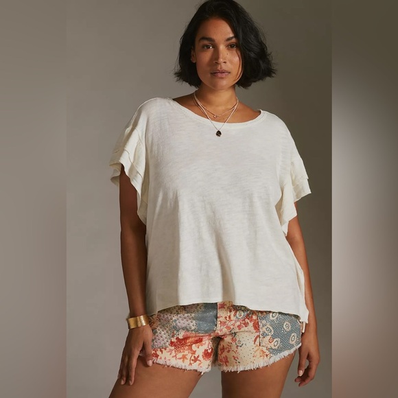 Anthropologie Pilcro Heritage Femme Tee XL ivory cream ruffle sleeve t-shirt top - Picture 3 of 15